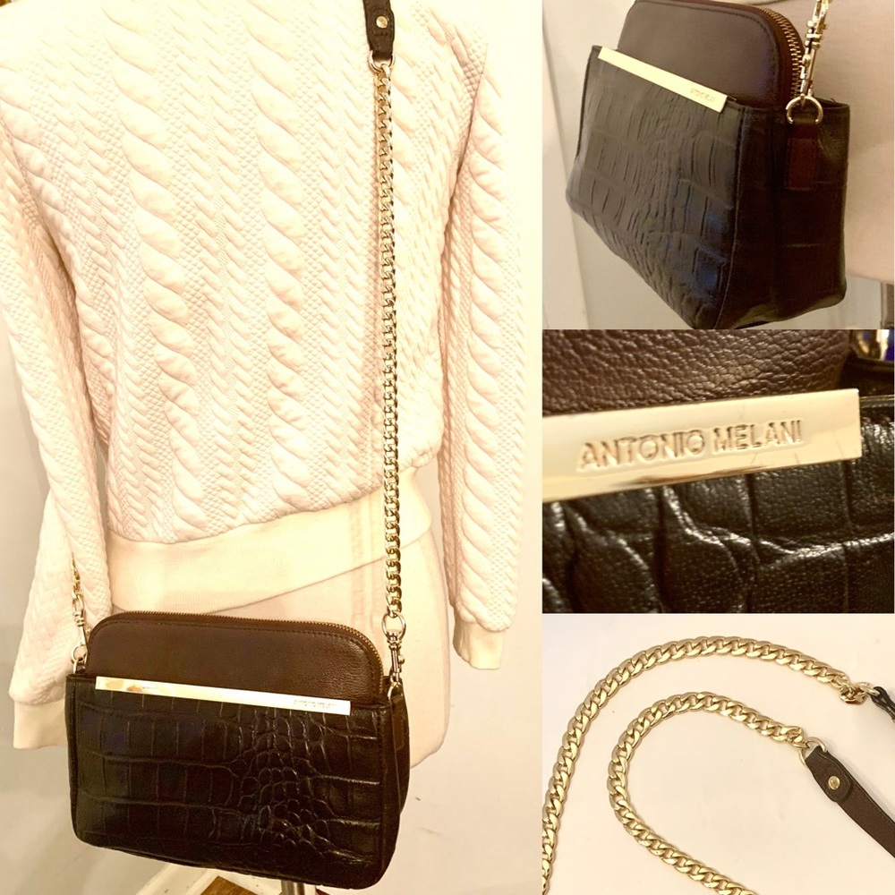 Antonio Melani Black Croc-Embossed Crossbody Bag with Gold Chain
